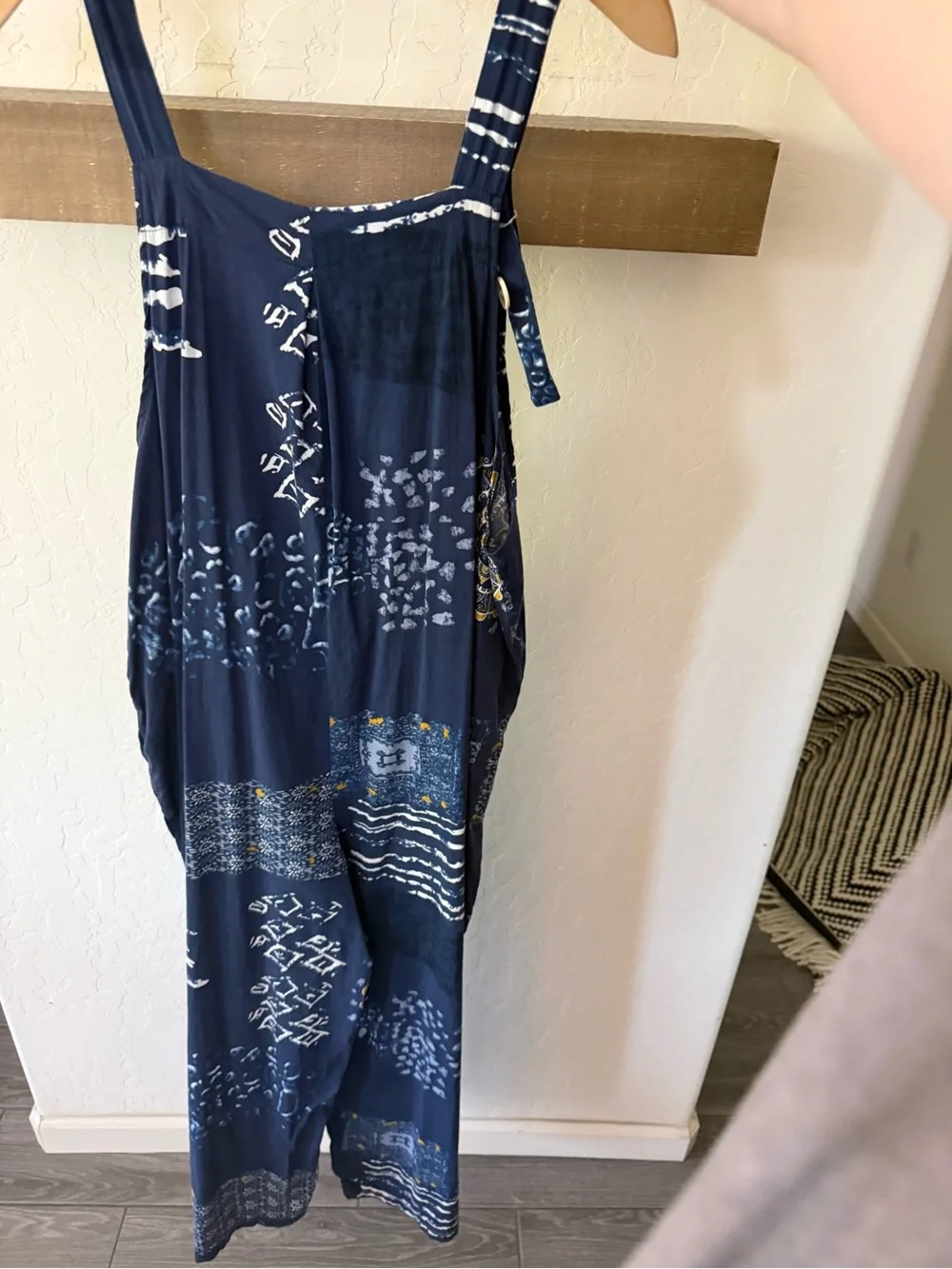 Small shop|Navy Boho Patchwork print Wide-Leg sleeveless Jumpsuit,overall style• - Picture 8 of 13